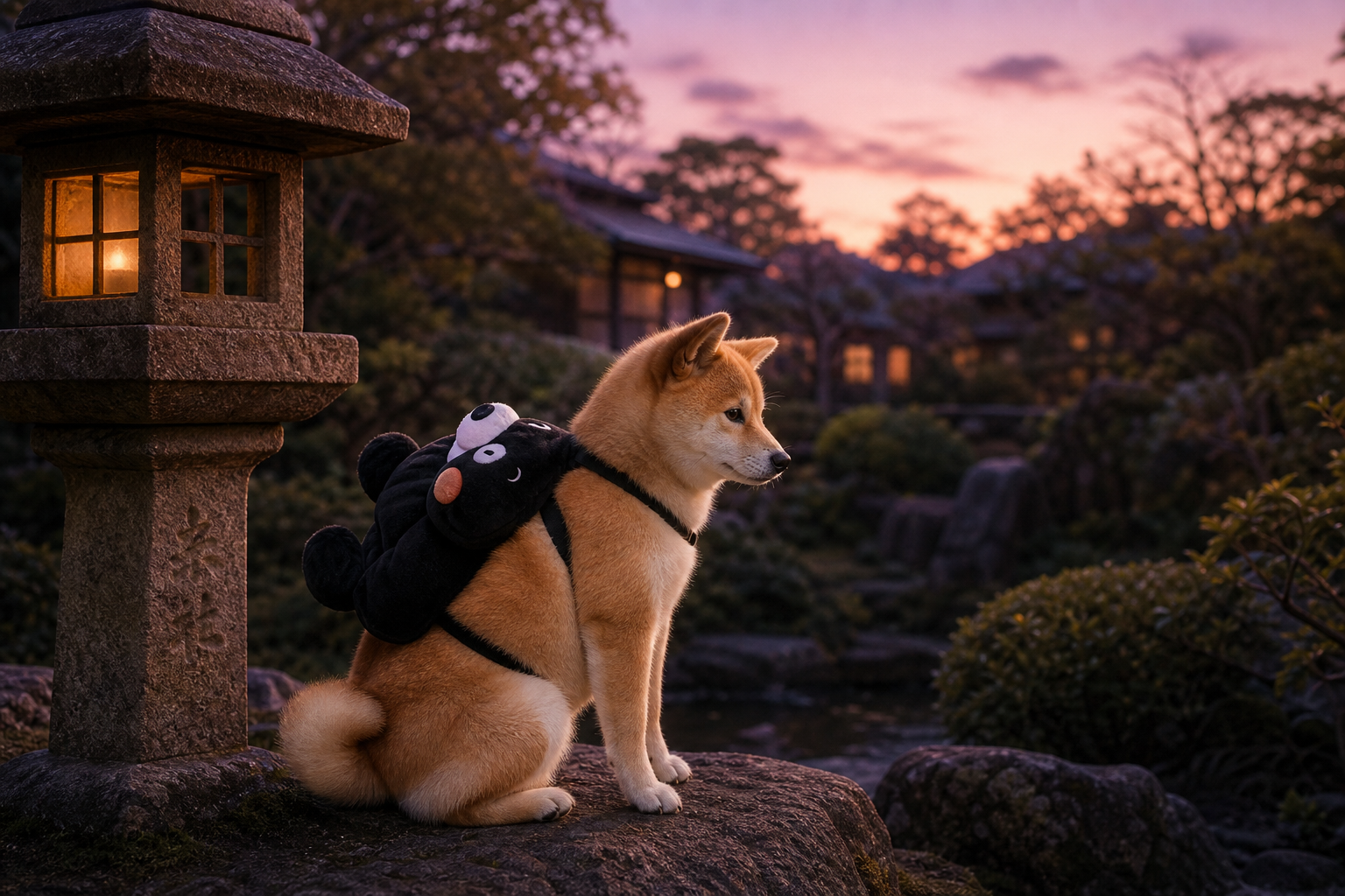 Young Marutaro by a stone lantern